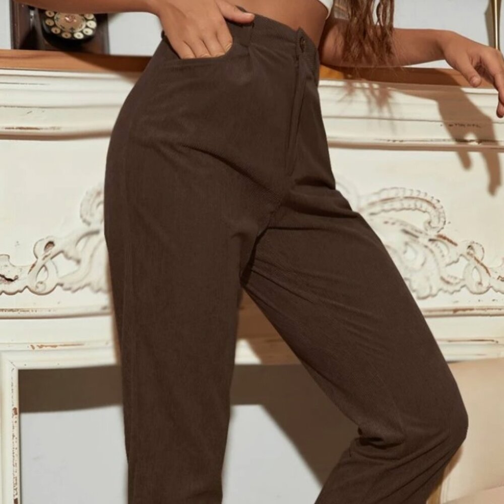 High Waist Corduroy Straight Leg Pants | Brown